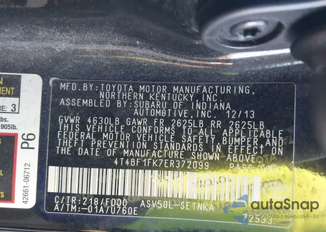 2014 Toyota Camry Le z USA, uszkodzony, nr VIN 4T4BF1FK7ER372099